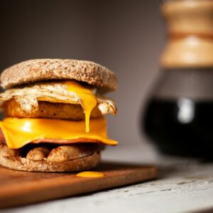 baked burger on wooden surface